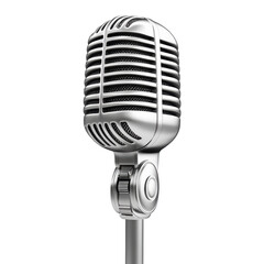 Fototapeta premium A microphone is shown on a white background. The microphone is silver and has a black and white design