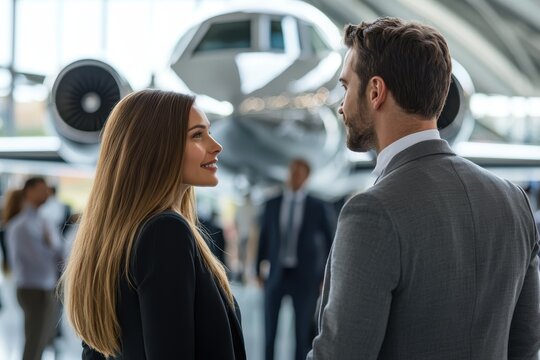 Business professionals having a conversation at an upscale airport terminal near a private jet