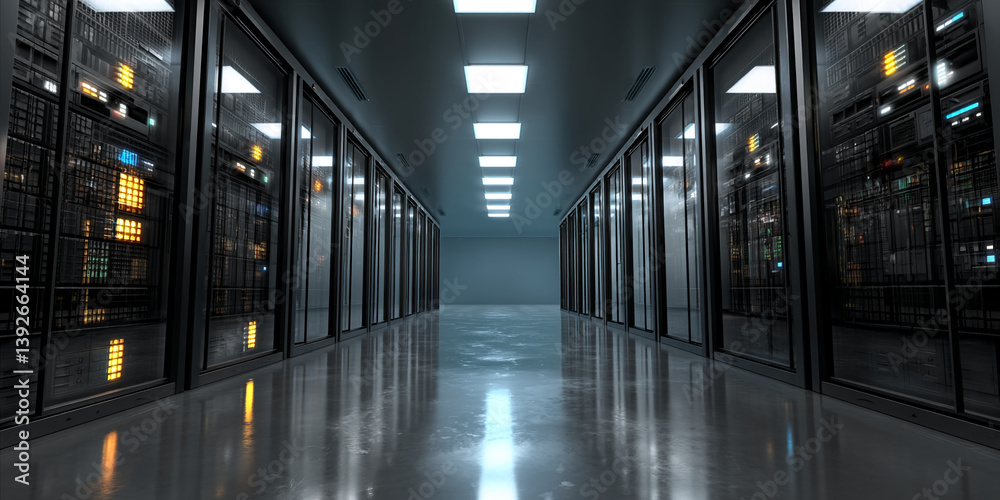 Poster Long corridor with rows of server racks, showcasing modern data center infrastructure, symbolizing technology, innovation, and digital connectivity