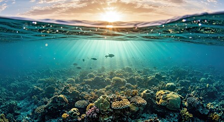Beautiful sun rays penetrate clear tranquil blue water surface in stunning magical underwater sunrise view
