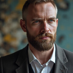Fototapeta premium A pensive man with a full beard contemplates life's complexities, his intense gaze hinting at inner strength and quiet determination, captured in soft, warm lighting against a muted background.