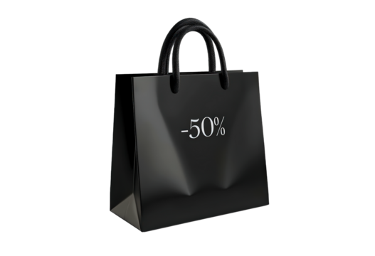 Text -50% on black shopping bags isolated on transparent background
