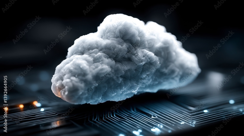 Poster abstract cloud computing concept, 3d render of a realistic cloud hovering over a circuit board, dark