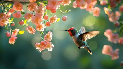 Naklejka premium A close - up view of a hummingbird with bright red on its chest, drinking nectar from pink flowers against a vibrant green background. The macro and high - definition shot showcases the head.