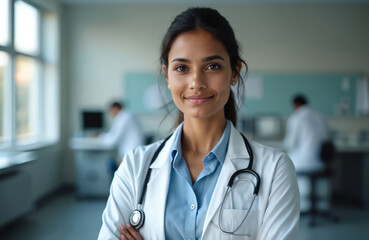 Portrait of young indian female doctor at clinic with stethoscope. Confident woman in medical uniform, professional healthcare practitioner. Smiling, looking at camera. Medicine, healthcare, health,