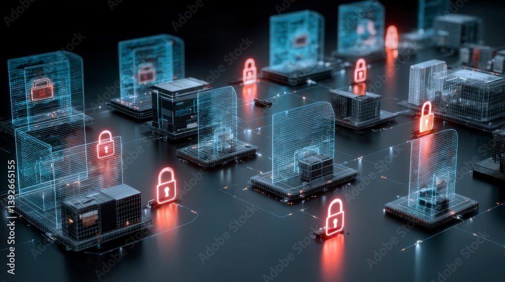 Poster abstract digital network security concept with glowing padlocks and data blocks on dark background. 