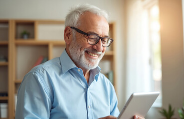 Fototapeta premium Happy senior man using tablet. Browsing news shopping online or managing budget at home. Elderly male with glasses smiling. Modern tech communication, active life, connection, retirement concept.