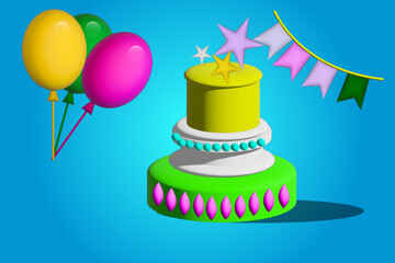 3d,birthday, cake, party, celebration, balloon, vector, illustration, food, happy, card, gift, sweet, dessert, candle, balloons, decoration, holiday, cartoon, cupcake, fun, greeting, design, chocolate