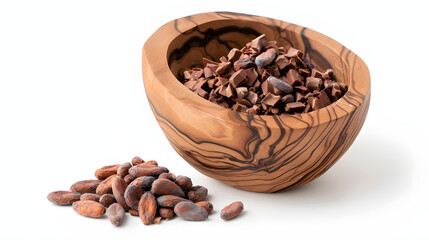 Fototapeta premium Crushed cacao nibs in wooden bowl evoke sense of natural richness and flavor