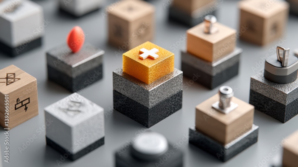 Poster abstract 3d rendering of textured cubes with a gold cube with a plus symbol at the center. grey back