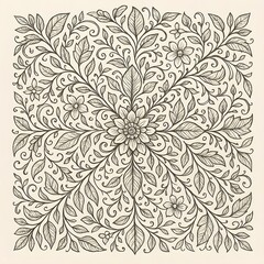 A beautifully intricate, hand-drawn mandala pattern featuring delicate leaves, vines, and flowers