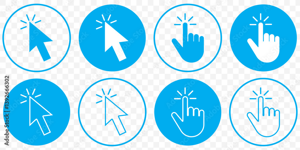 Poster blue cursor click, computer mouse icon set, vector arrow collection on transparent background. eps 1