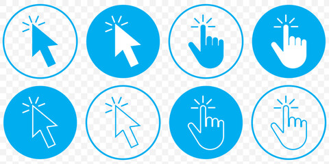 Blue Cursor Click, Computer mouse icon set, vector arrow collection on Transparent Background. EPS 10.
