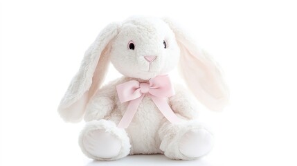 Charming close-up of adorable white stuffed rabbit with pink bow in a cozy home setting