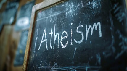 Obraz premium A close-up view of the word 'Atheism' written in chalk on a textured blackboard.