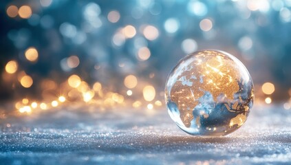 A glass globe on a blue background with lights, representing global business and international trade Generative AI