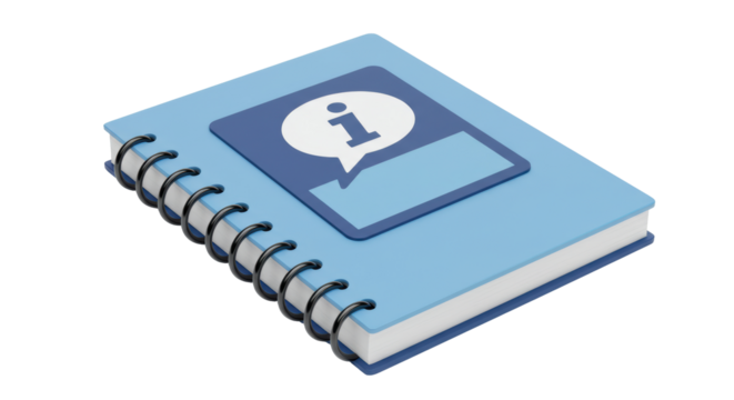 Isolated Blue Notepad with Information Icon and Black Spiral Binding