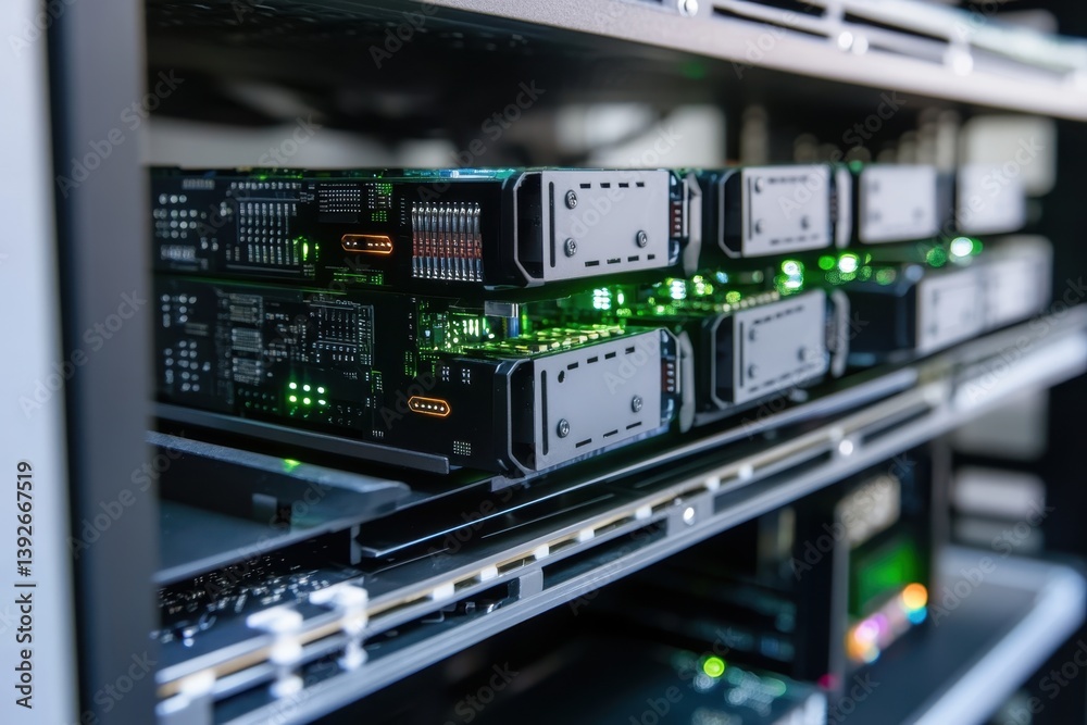 Poster data storage devices illuminated in a server rack within a technology hub