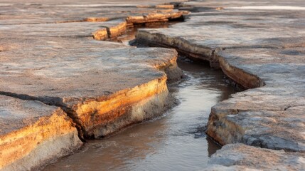 Fototapeta premium Cracked earth with water flowing through fissures. Dry, arid landscape with textured, broken ground.