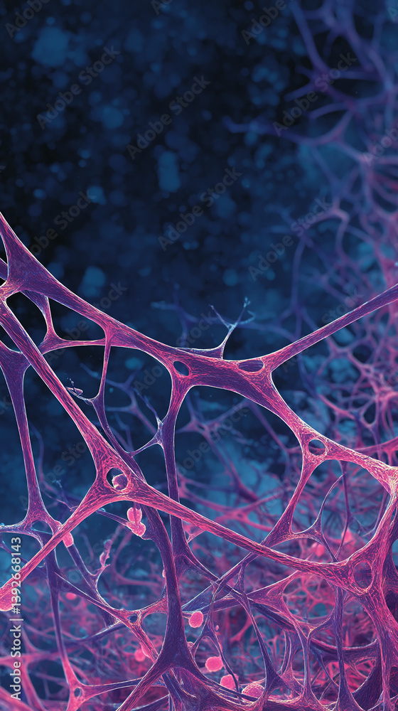 Poster Intricate network of pink and purple filaments, resembling a neural network or cellular structure, set against a dark blue bokeh background, symbolizing connection, complexity and biological processes