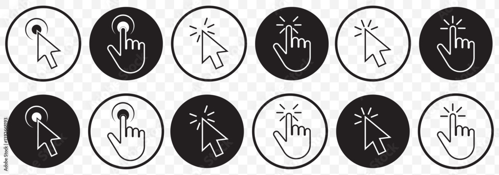 Poster set of black cursor icons click, featuring various mouse click cursor designs. editable cursor icon 