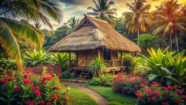 A traditional vintage nipa hut standing alone in a lush green garden with a warm sepia-toned background, surrounded by vibrant tropical flowers and foliage, outdoor, greenery