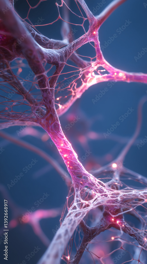 Poster close-up of pink neural network, intricate structure, glowing nodes, representing brain activity, co