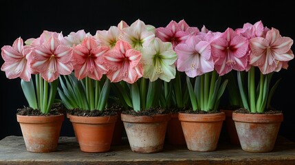 Row of pink and white amaryllis in terracotta pots