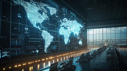 High-tech world map display in a modern airport at night showing global connectivity trends