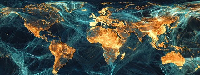 High-tech world map display in a modern airport at night showing global connectivity trends