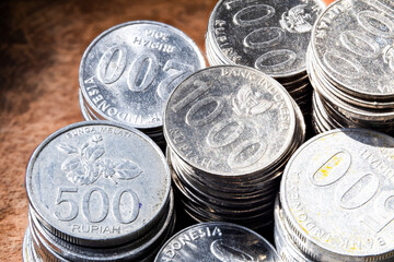 Assorted Indonesian Coins. 500, 1000, 200 Rupiah in Stacks