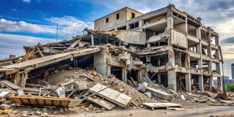Fototapeta premium Building with severely damaged walls, crumbling concrete, and twisted metal beams collapsed in a heap , construction site disaster, architecture failure