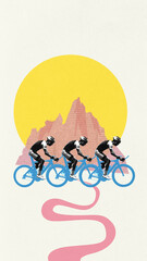 Conceptual art collage. Three cyclists riding in formation toward stylized sun and mountain with...