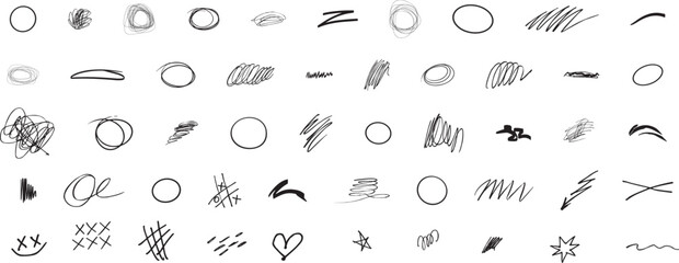 Vector set of grungy graphic elements. Street art texture hand drawn pencil underlines and strikethrough, scribble emphasis lines, crazy hatches, ovals and crosses