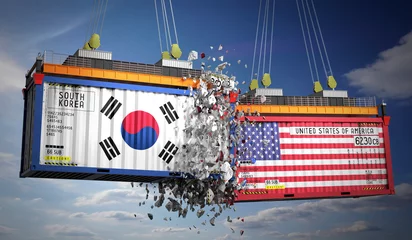 Fototapete Cargo containers with flags of South Korea and USA - 3D illustration © PX Media