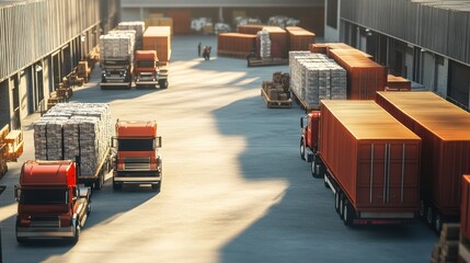 Trucks of different sizes parked at a loading dock, warehouse staff moving efficiently to organize cargo.