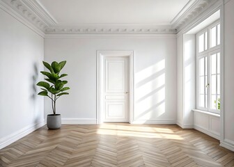 Obraz premium Minimalist Interior with Potted Plant and Herringbone Wood Floor
