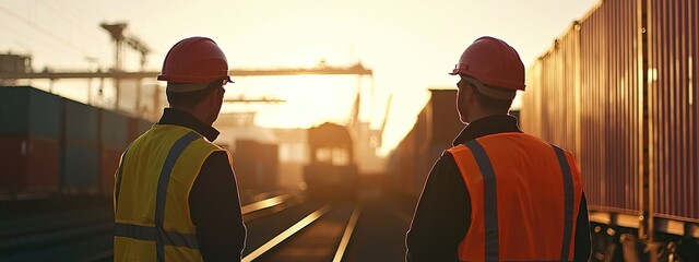 Worker checking data on tablet at freight yard during early morning hours