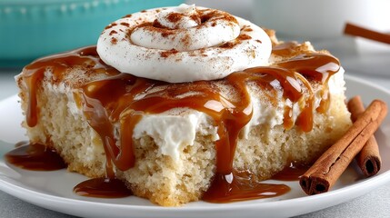 Delicious slice of cake with caramel sauce and whipped cream, garnished with cinnamon sticks.