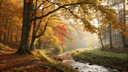 Sunlight filters through the trees, casting a warm glow over a serene forest stream lined with autumn leaves. A mix of gold, red, and green foliage creates a vibrant tapestry along the winding path.AI