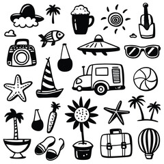 Fototapeta premium Summer Doodle Icon Set, Hand Drawn Black and White Collection