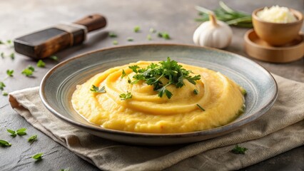 Creamy polenta with melted cheese on a plate, set against a neutral background, showcasing the smooth texture and golden color of the dish , comfort food, melted