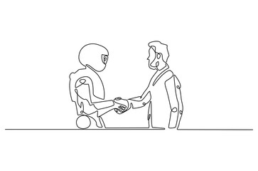 Continuous one line drawing of Robot shaking hands with businessman. Single line drawing illustration of robot with businessman. Innovation concept vector art. Doodle line illustration.
