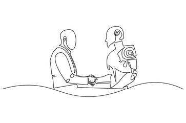 Continuous one line drawing of Robot shaking hands with businessman. Single line drawing illustration of robot with businessman. Innovation concept vector art. Doodle line illustration.