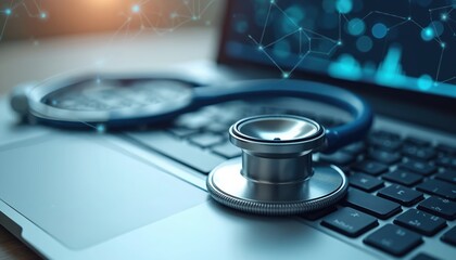 Stethoscope rests on laptop keyboard. Intersection of healthcare, tech in modern medicine. Represents telemedicine, digital health, online diagnostics. Healthcare revolution, connectivity, remote