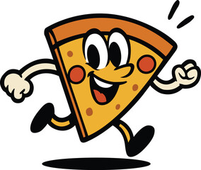 Happy cartoon pizza character running joyfully with a big smile, perfect for fun food themes and playful branding designs