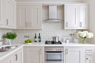 Fototapeta premium A clean minimalist kitchen with a single pot on the stove and neutral color palette