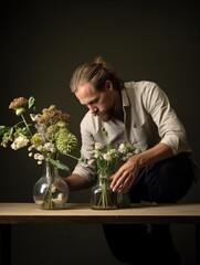 Florist at work in his studio. A flower shop worker creates a bouquet.