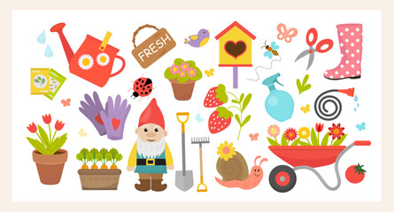 Gardening and Spring set, hand drawn flat elements flowers, houses, birds, insect and gnome. Vector illustration.