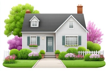 A clean vector of a suburban home front elevation with garden and driveway, white background